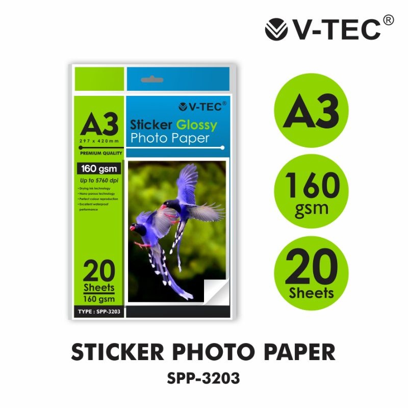 V-TEC Glossy Sticker Photo Paper A3 160gsm SPP-3203 - Kertas Stiker Foto Mengkilap Kualitas Premium