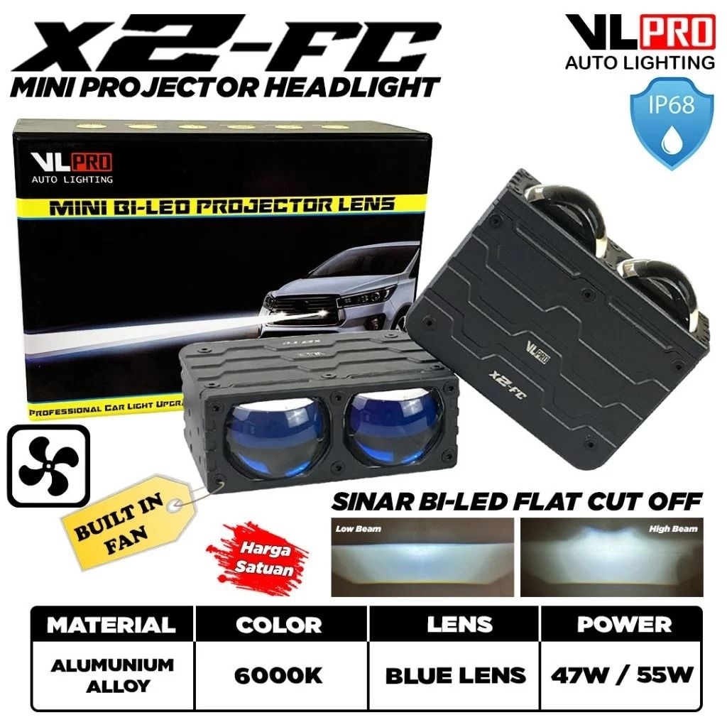 Mini projie Sinar Biled VLPRO X2-FC Flat Cut off Blue Lens Lampu tembak Headlight Hi Low 12V Putih