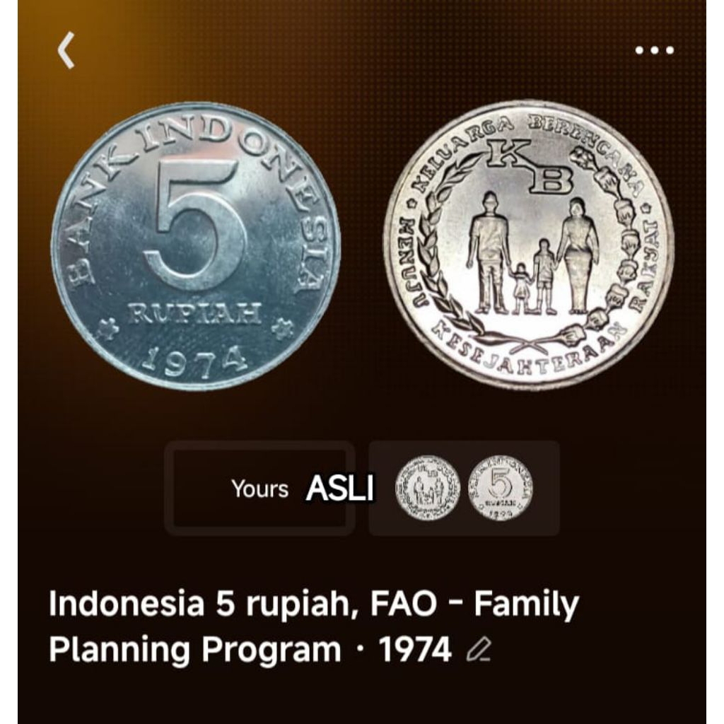 Koin Rp 5 Rupiah KB BESAR 1974 koleksi uang coin logam bekas Lama Antik Kuno Jadul