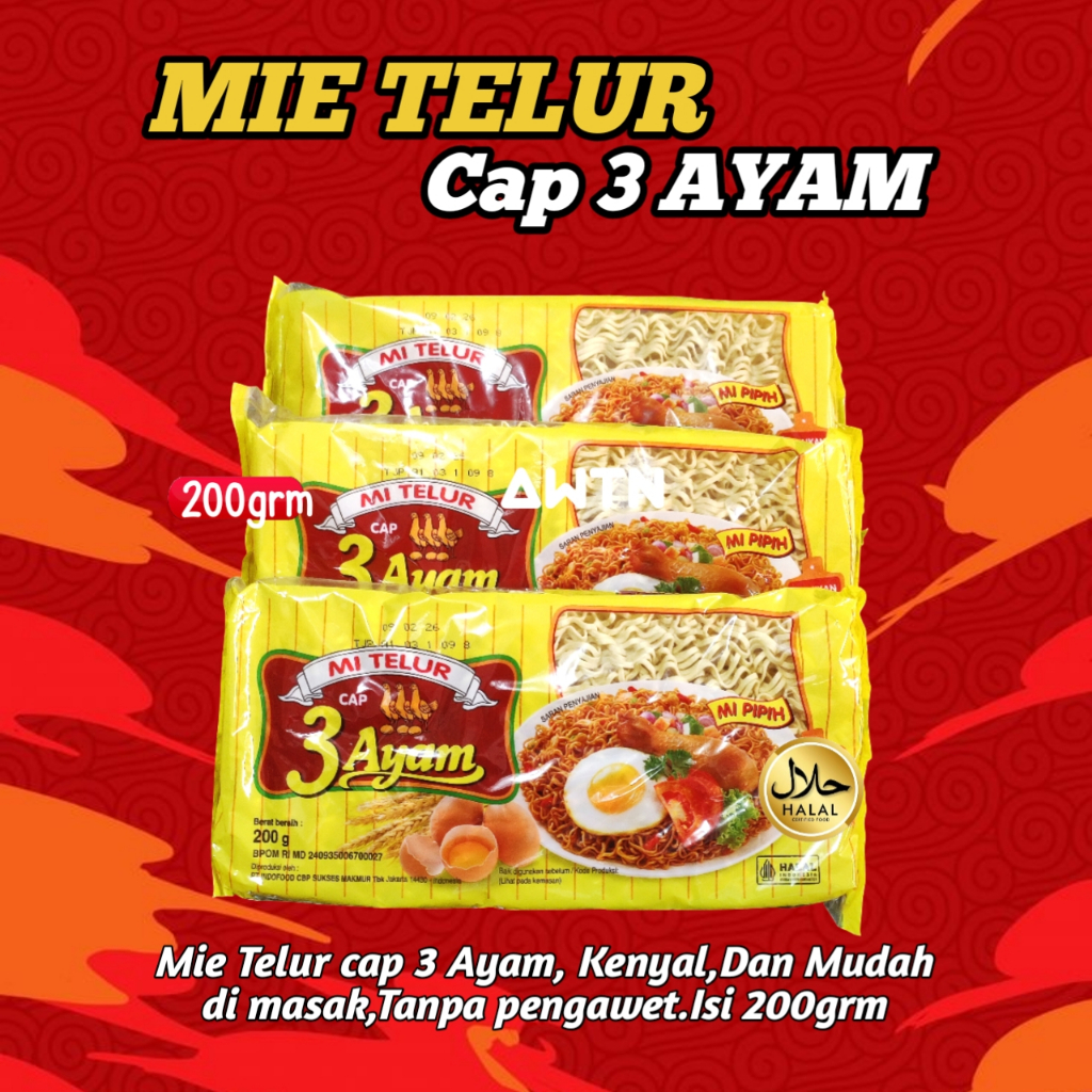 Mie Telur Cap 3 Ayam 200gr - Kenyal, Mudah Dimasak, Tanpa Pengawet