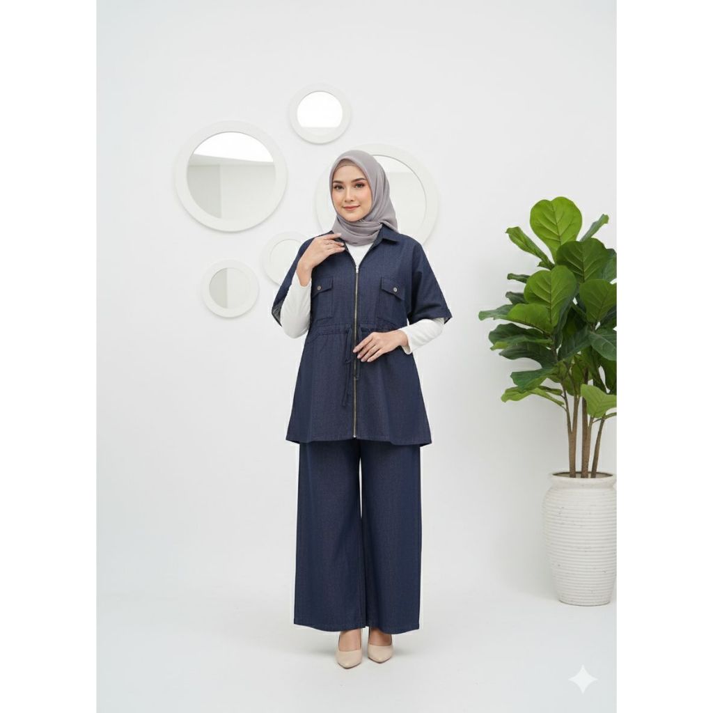 Alyssa Denim One Set Wanita Jeans Kulot & Atasan terbaru