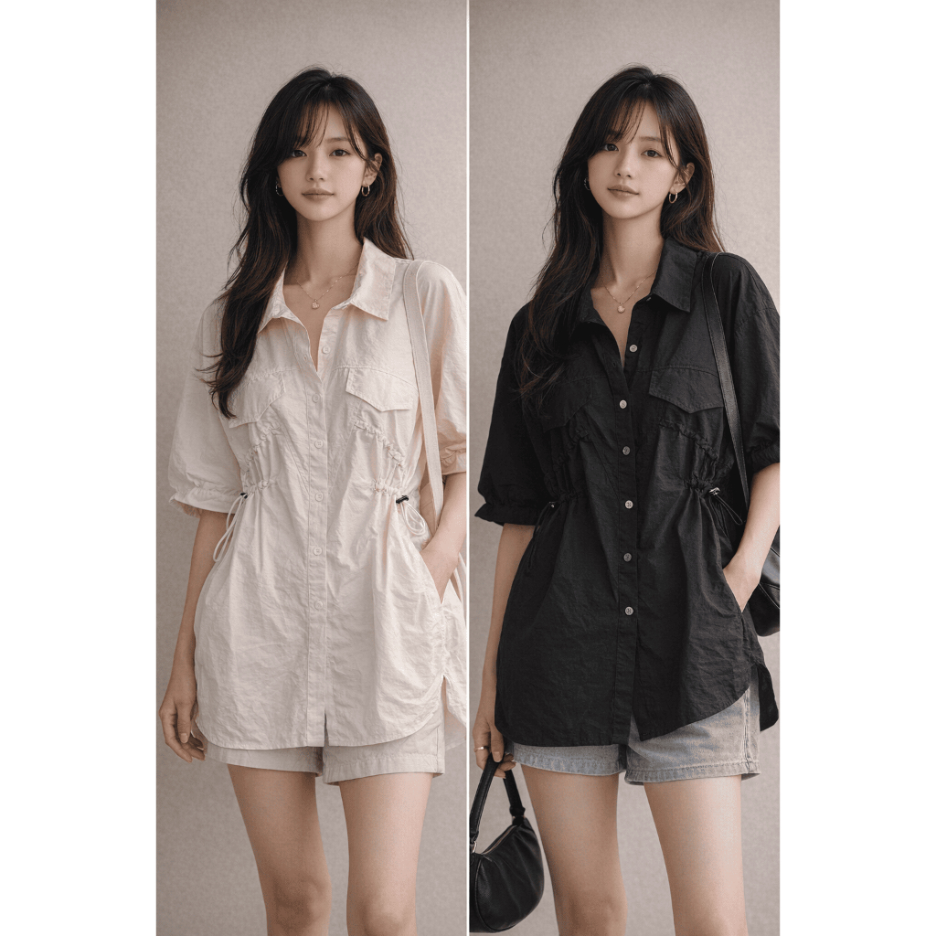 Kemeja Wanita Kekinian Korean Style Blouse Wanita Serut Dada Kode YL #1228 Bahan Kain Polyester Blus