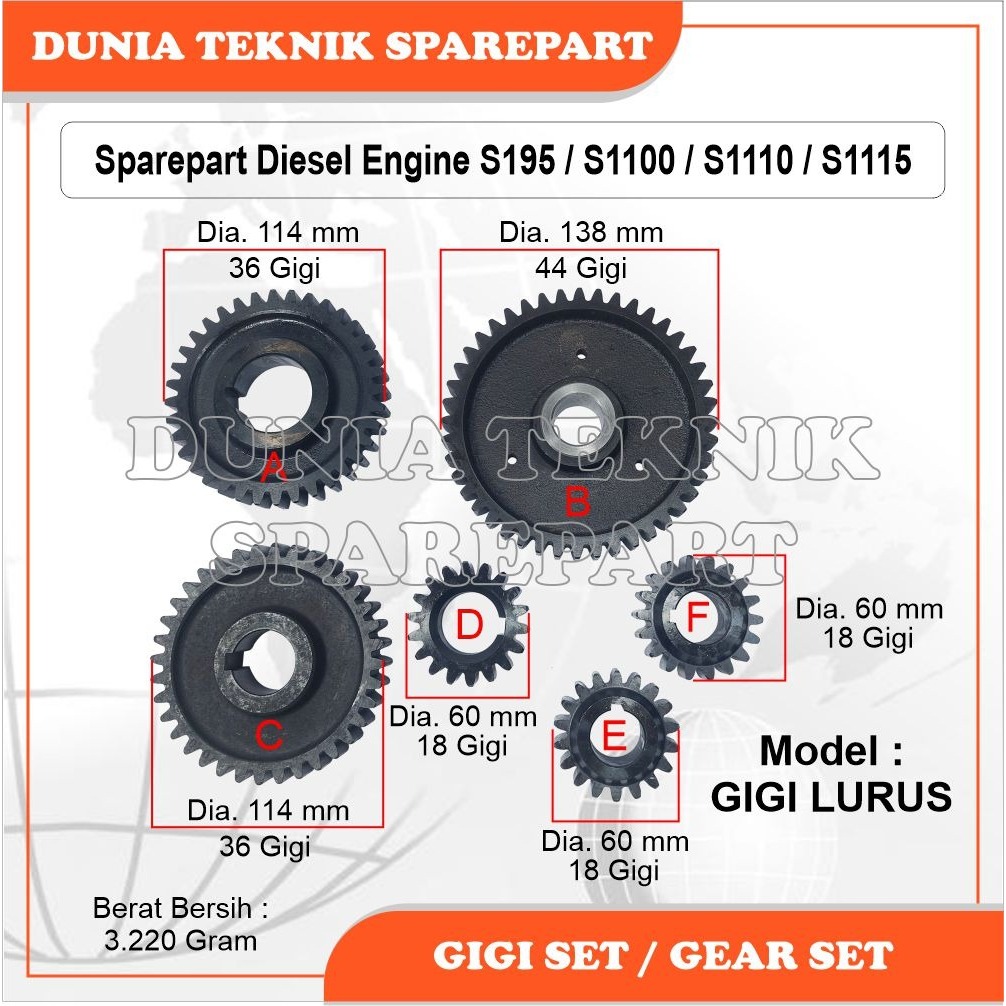 S195 / S1100 / S1110 / S1115 GEAR SET LURUS HITAM / GIGI SET / GEAR SET KUMPLIT UNTUK MESIN DIESEL