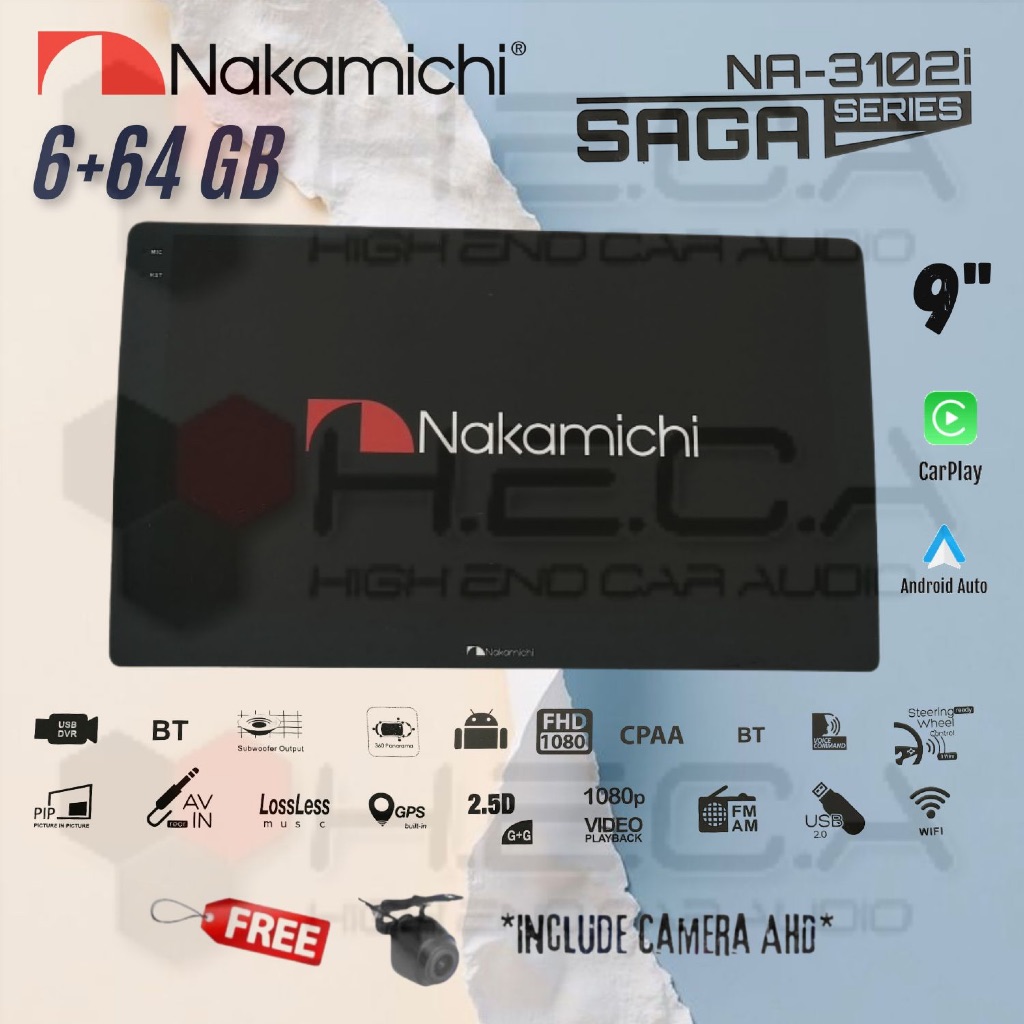 Nakamichi SAGA 6/64 GB 9" Inch Android Head Unit Tape Mobil TV Saga + Rear Camera AHD