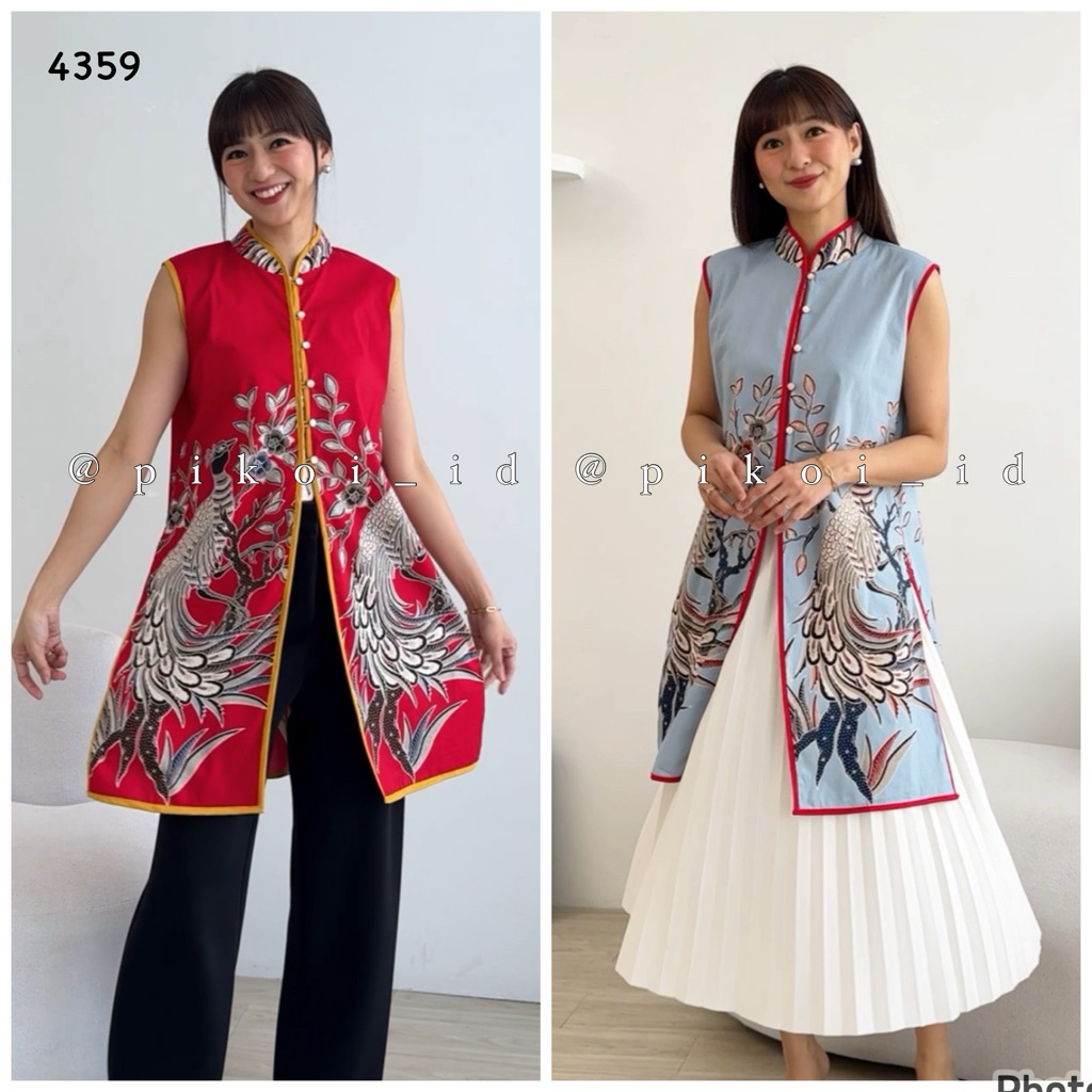 Outer Batik Wanita Panjang Rompi Batik Kerah Shanghai Kancing Depan Elegan / Atasan Batik Merah Imle