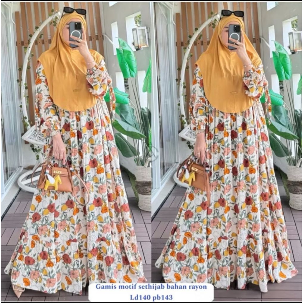 gamis rayon motif bunga lengan balon