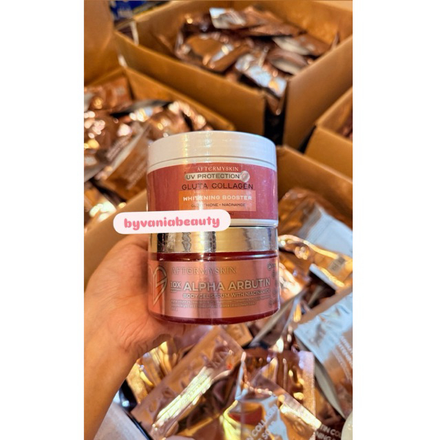 (PAKET WHITENING BOOSTER) AFTERMYSKIN HB UV GLUTA COLLAGEN + HB MERAH BODY GEL SERUM 3% ALPHA ARBUTI
