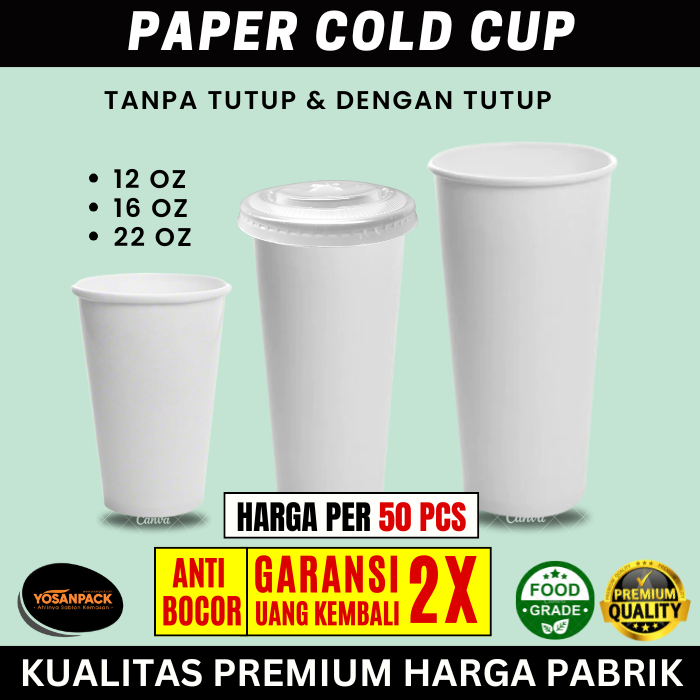 Cold Cup 12 oz, 16 oz dan 22 oz Polos - Cup Kertas - Untuk minuman dingin