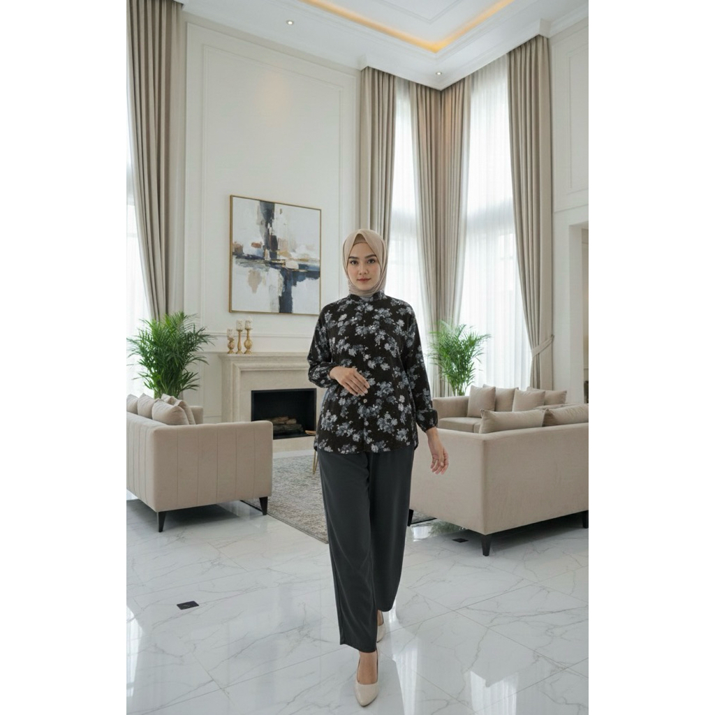 herlina One Set Setelan Rayon Mix Crinkle Motif-Setelan Kemeja Kulot Wanita Kekinian-Setelan One Set