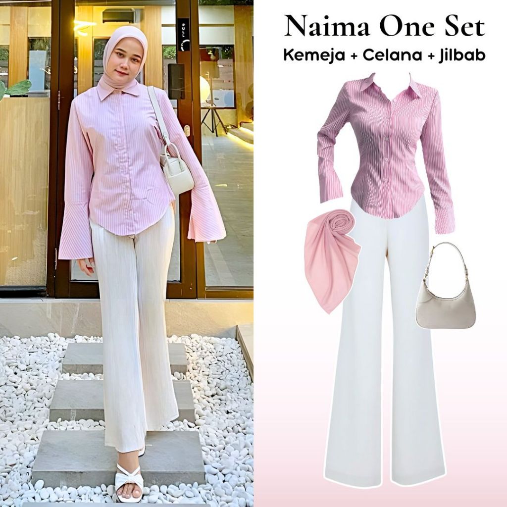 oneset 3in1 Kemeja + Celana Cutbray + Jilbab Bella | ootd outfit cewek wanita anak perempuan remaja 