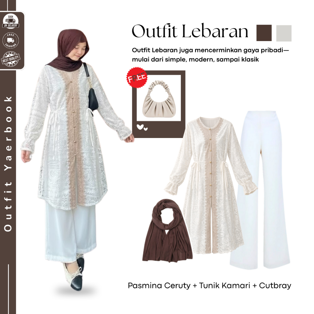 One Set Outfit Wanita Tunik Brukat ( Pasmina Ceruty + Tunik + Celana Cutbray ) Setelan Wanita Remaja