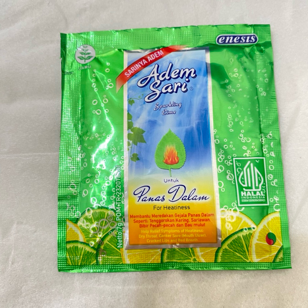 Adem Sari Sparkling Lime 7g - panas dalam, tenggorokan kering, sariawan, bibir pecah pecah dan bau m