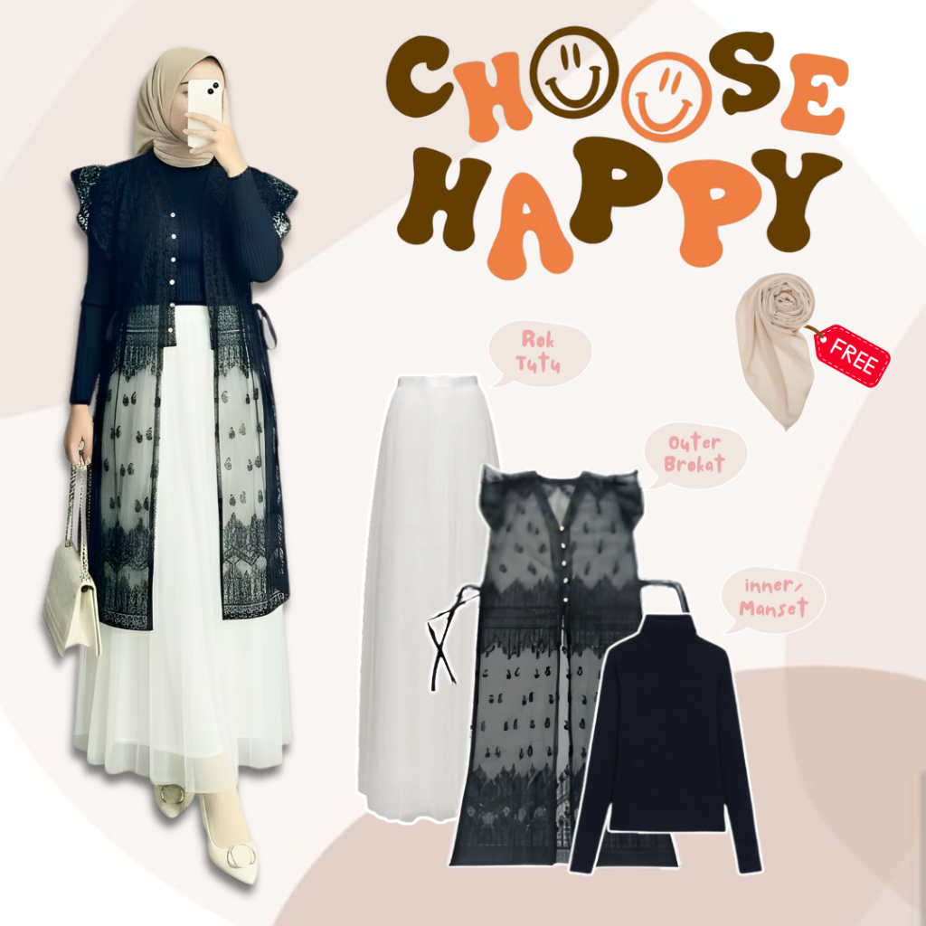Outfit Kondangan Remaja Outer Brokat + Rok Tutu + Manset Lengan Panjang Fashion Muslim One Set KJ03