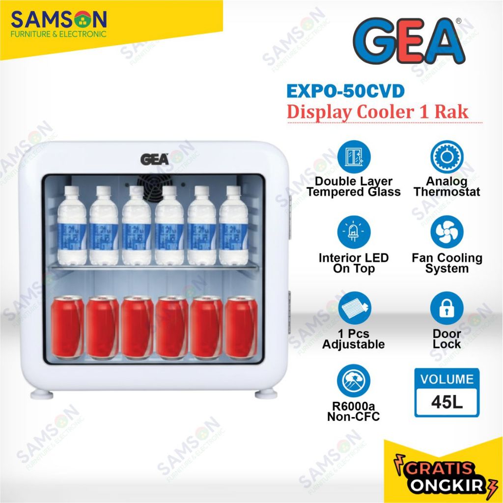 Showcase GEA EXPO-50CVD 45 Liter / 45L Mini Display Cooler Series Chiller Curved Glass Pendingin