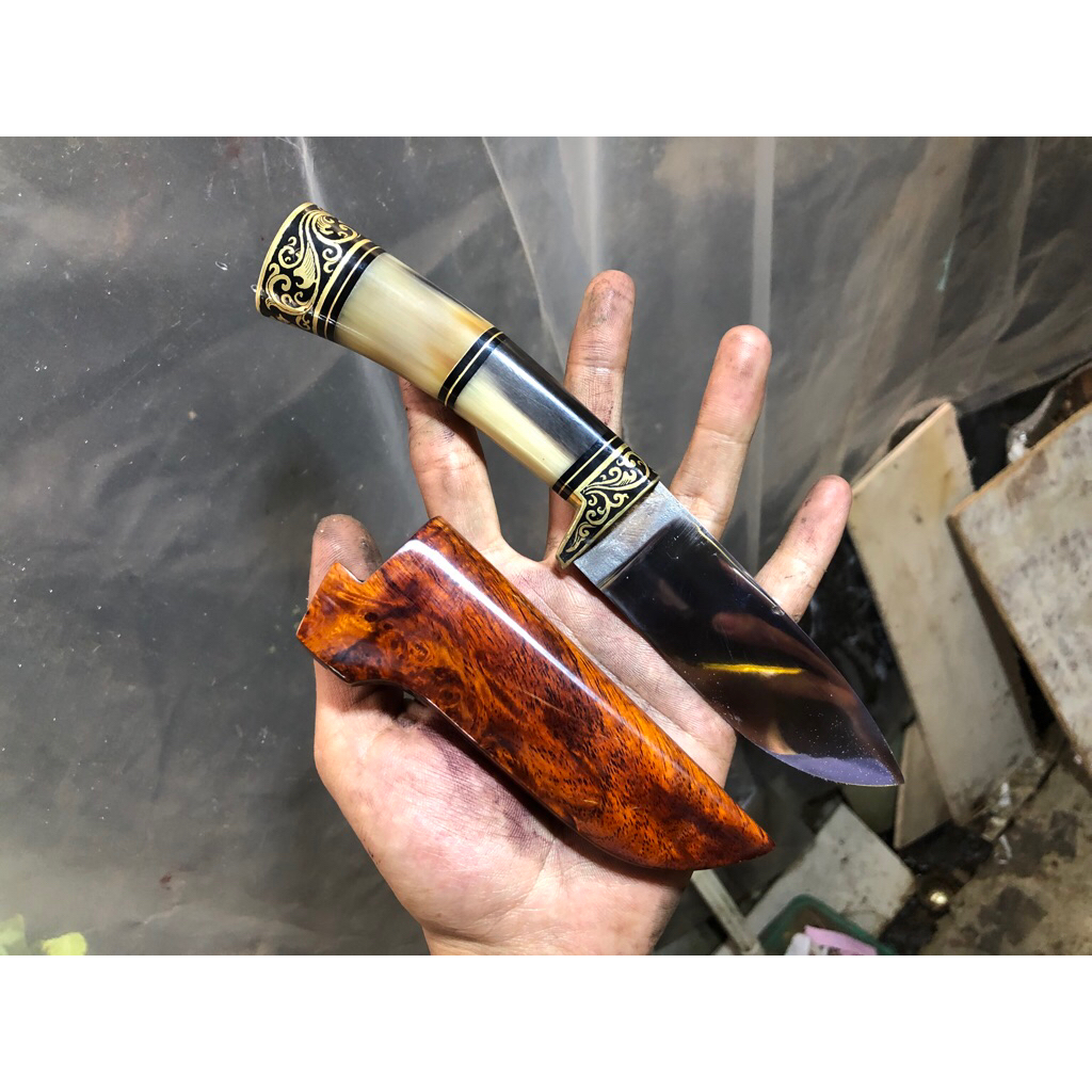 Pisau Seset Baja EMAX 10cm 59HRC Tajam - Sarung Kayu BURL, Gagang Tanduk, Fulltan di Pin