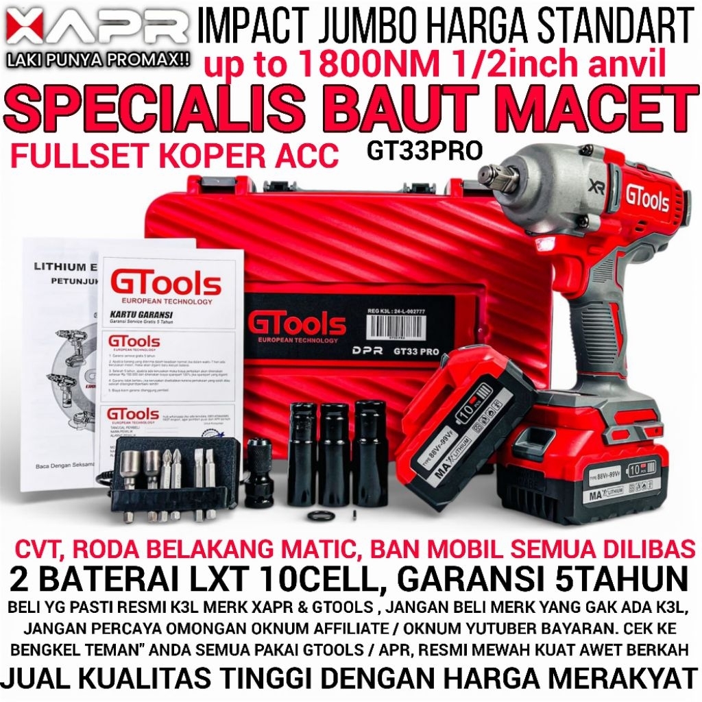 GTOOLS EROPA IMPACT WRENCH TORSI 1800NM 2BATERAI 88V FULL AKSESORIS pembuka baut gtools eropa SKU GT