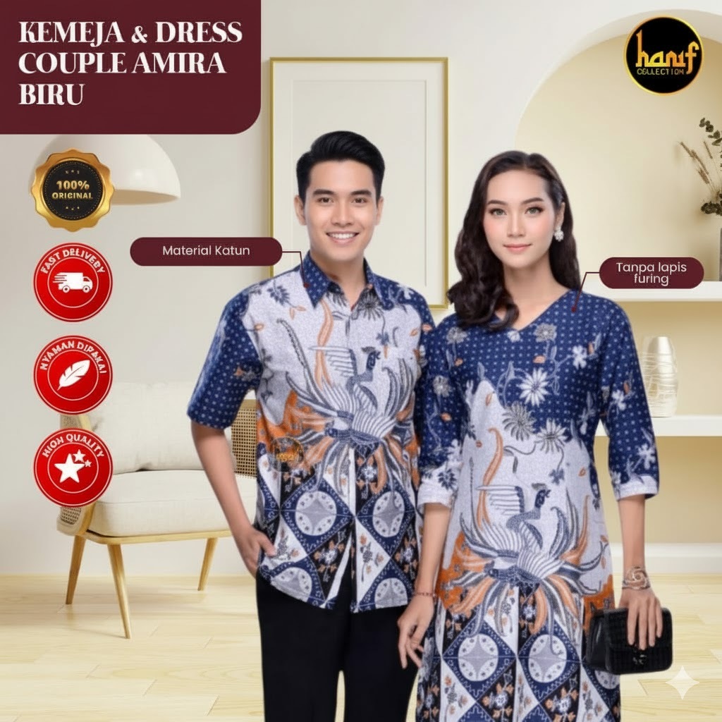 Pakaian Batik Amira Biru Kemeja Pria Dan Dress Wanita Baju Pesta Kondangan Kekinian
