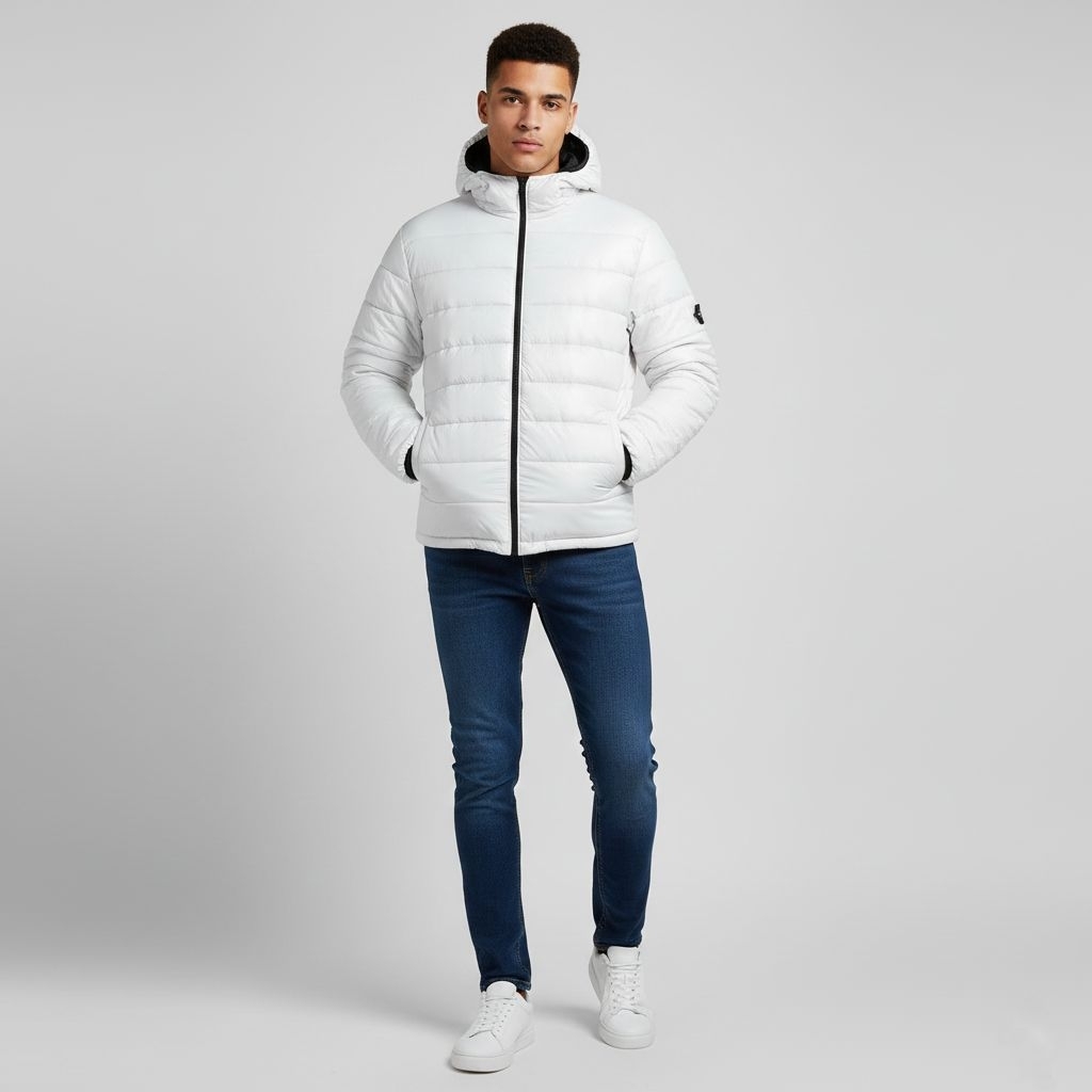Jaket Puffer Putih dengan Logo Panjang untuk Pria - Bahan Nylon Hologram Berkualitas - Hitam, Keren,