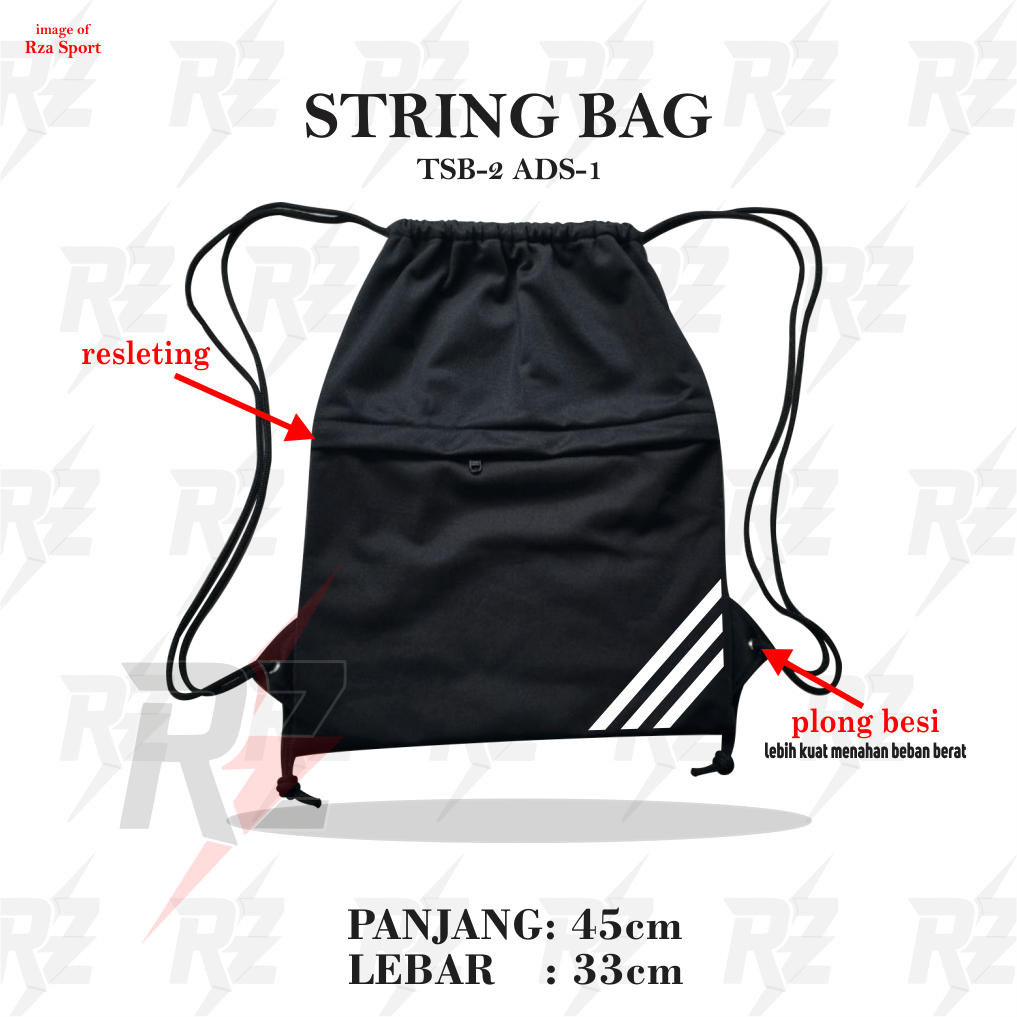 Tas Sepatu Badminton Motif String Bag Sporty Tas Serut Olahraga Bulutangkis Multi Bag Black TSB-1A B