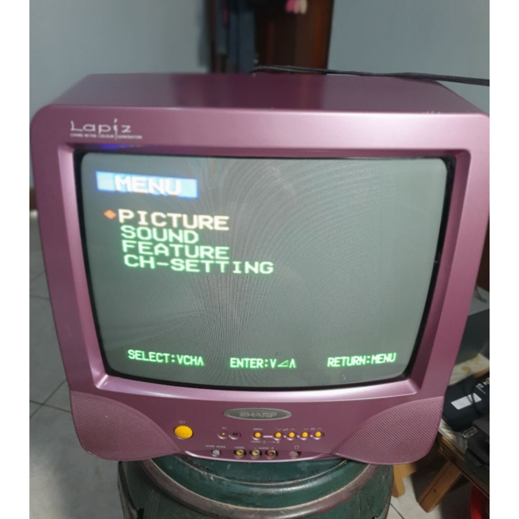 Telivisi TV tabung Jadul 14 Inch merk Sharp type LAPIZ, warna Ungu -TV tabung unik