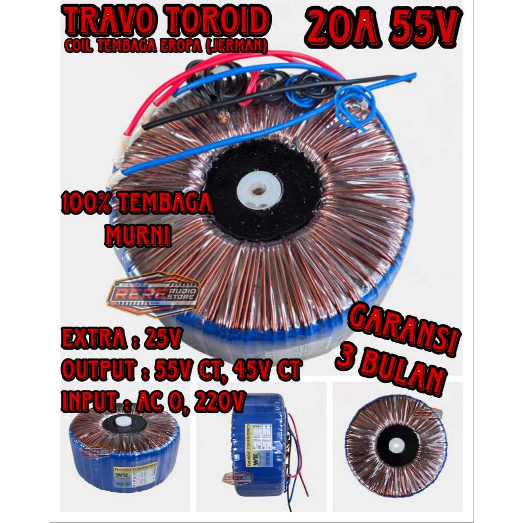 Travo Toroid 20A Besar CT 55V 45V / Travo Donat Teroid 20 Amper Tembaga Murni HELENIC Jerman
