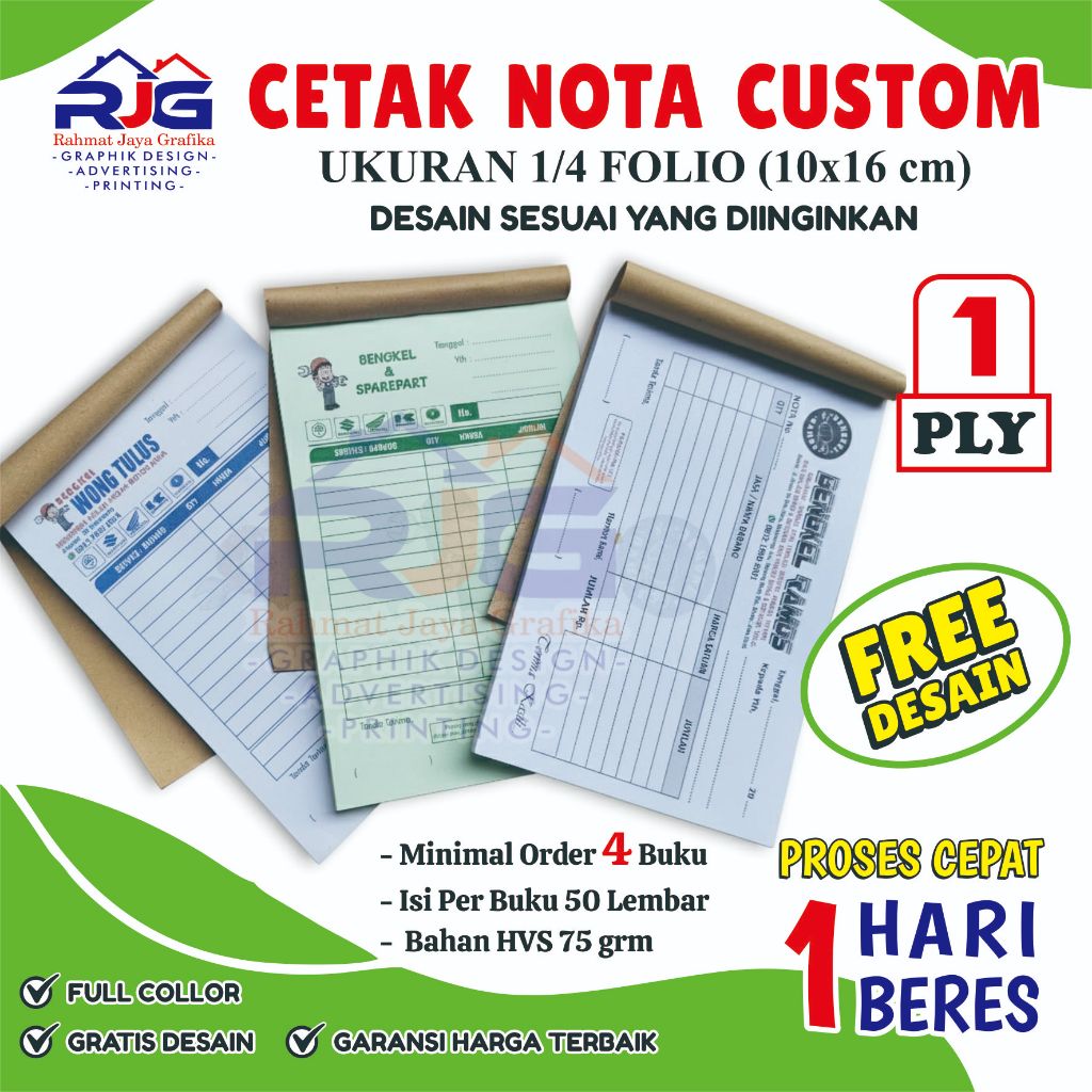 Nota Custom 1 Ply Ukuran 1/4 folio Nama Toko Olshop Kertas HVS  Cetak Full Color