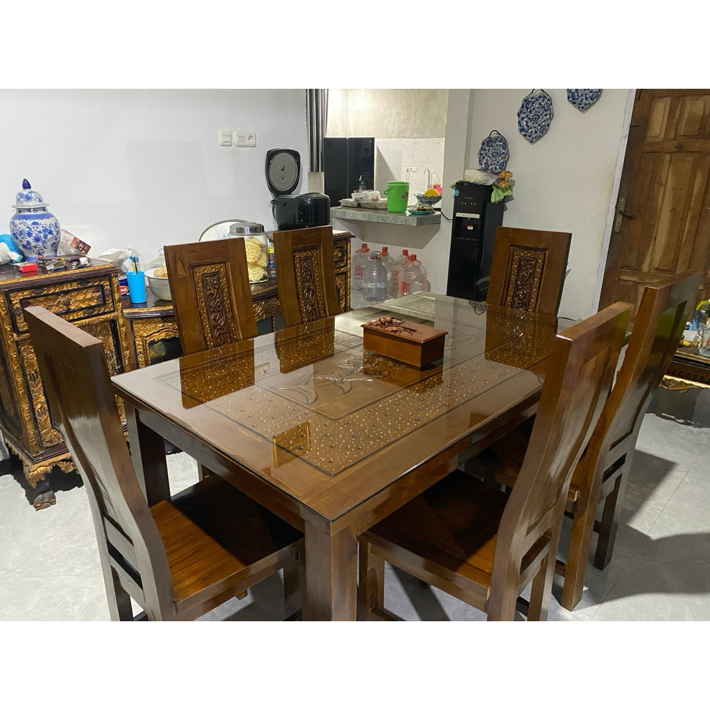 Meja Makan K6 Bahan Jati Tebal / Kaca 8ml Bevel