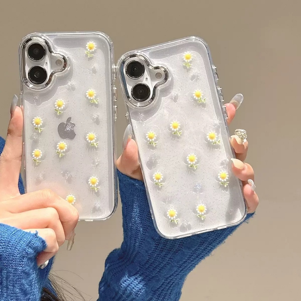 Case Iphone Premium Clear Case Motif Bunga Daisy Kecil Aesthetic dengan Glitter Halus