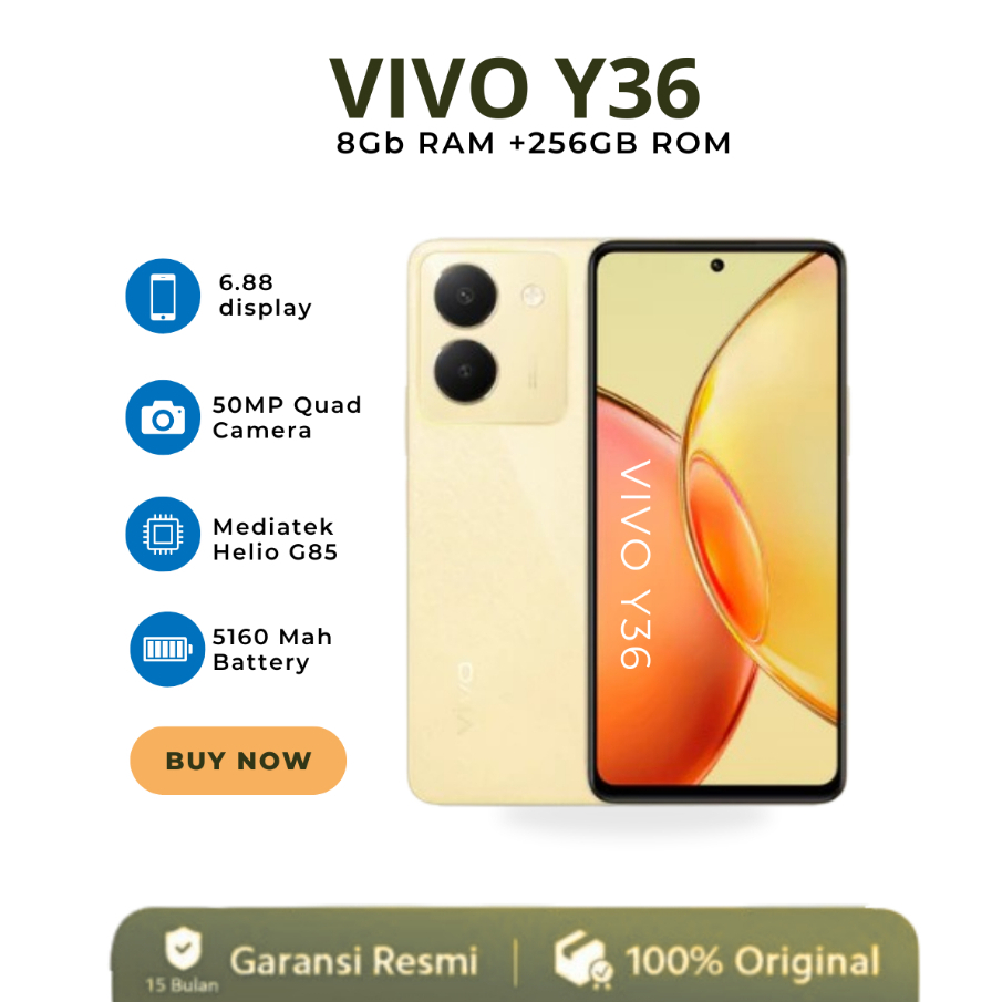 VIVO Y36 5G 8GB RAM +256GB ROM Smartphone 44W FlashCharge + 5000 mAh 50MP Fun Camera 6.64" FHD+ Datc