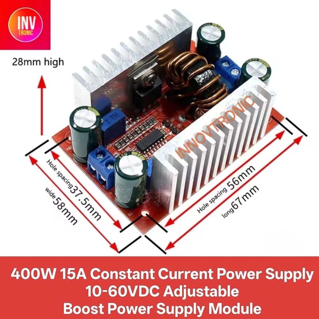 Red PCB 400W 15A 10-60VDC Step Up Constant Current Power Supply Adjustable Boost Power Supply Module