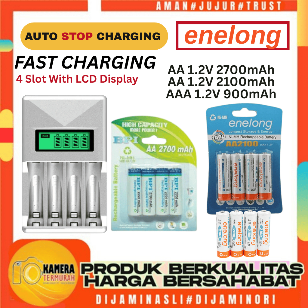 FAST CHARGER AUTO STOP CHARGING Baterai LCD 4 Slot for AA AAA - ENELONG 900/2100/2700 mah
