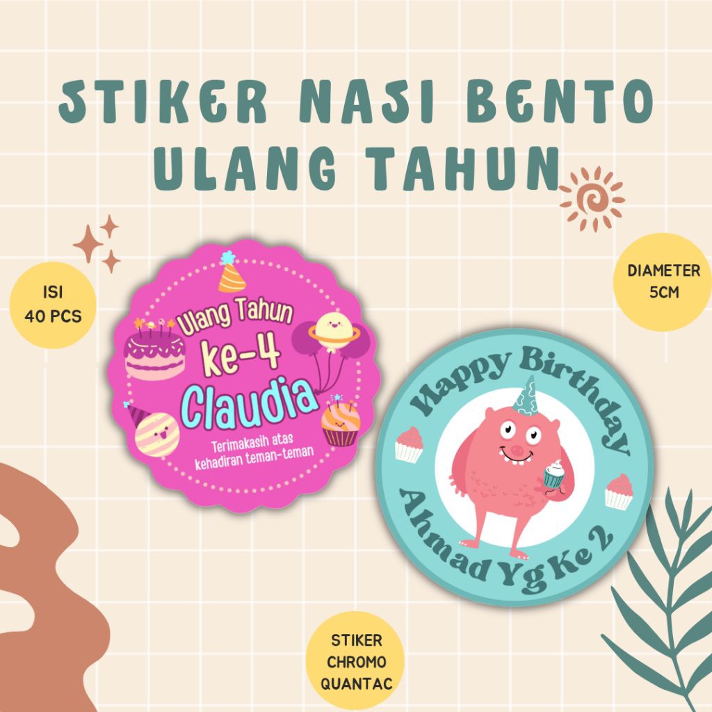 (ISI 40 PCS) STIKER ULANG TAHUN ANAK LABEL KEMASAN NASI BENTO ULTAH