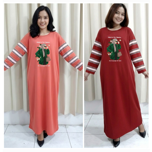 Gamis wanita dewasa JAS HIJAU Lengan panjang garis pakaian perempuan kaos