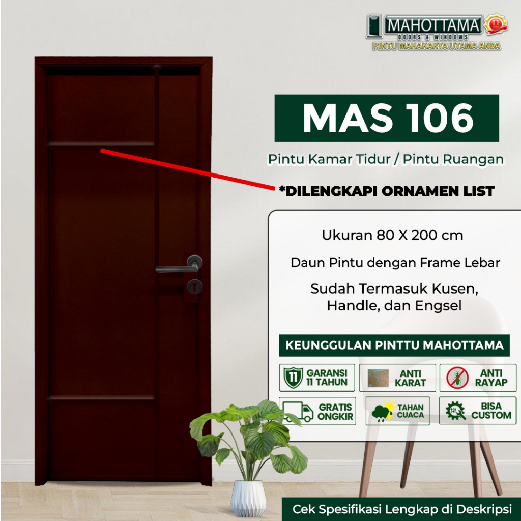 MAHOTTAMA MAS106 - Pintu Aluminium Rumah Utama Kamar Tidur / Mandi 80 x 200 Bisa Custom Ukuran Almun
