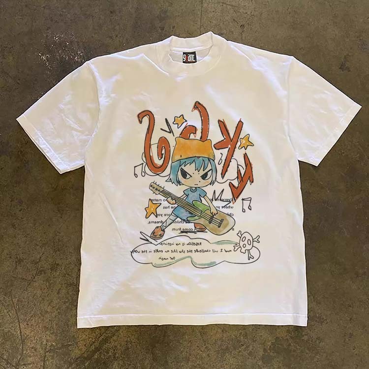 JJ.STORE Desain longgar modis ala Korea dengan motif grafiti penyanyi gitar Lengan pendek baju atasa