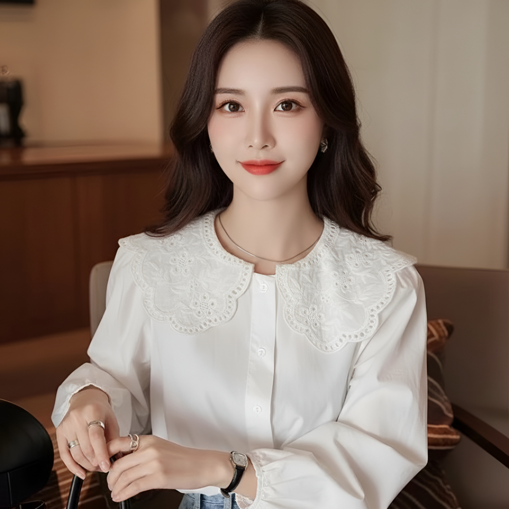 Blouse Wanita Korean Style YL Kemeja Putih Wanita Lengan Panjang Bahan Katun Premium Model Kerah Pet