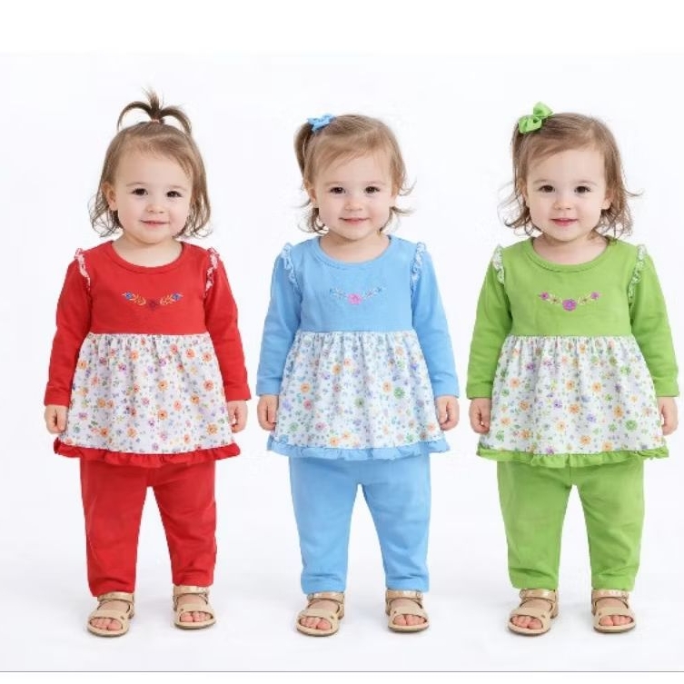Setelan Baju Muslim Bayi Perempuan Motif Bunga | Piyama Bayi 3–12 Bulan | Baju Bayi Lembut SNI