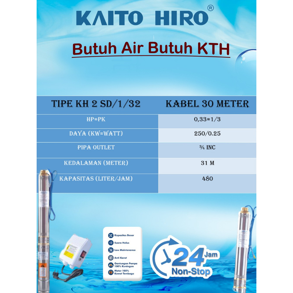 pompa submersible KH 2inc 0,33 HP Kaito Hiro + 30 meter