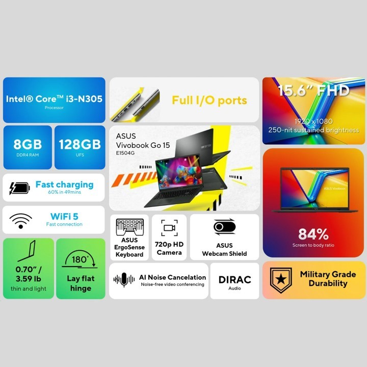 Laptop Kerja Asus Vivobook Go 15 Intel Core i3 8GB 256GB 15 inch Full HD IPS Windows 11 Home