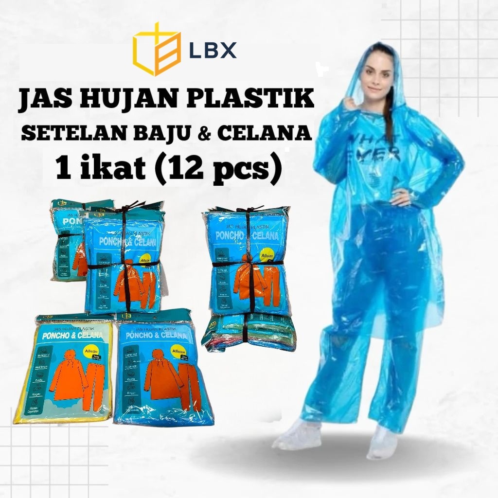 LBX Grosir 1 Ikat Lusin isi 12 Set Jas Hujan Setelan Plastik Transparan LDPE Jaket Baju Mantel Dengan Dan Celana Hujan Kecil Ringan Enteng Portable Disposable Raincoat Ukuran Dewasa All Size Waterproof Murah Kualitas Bagus Anti Air Atasan dan Bawahan