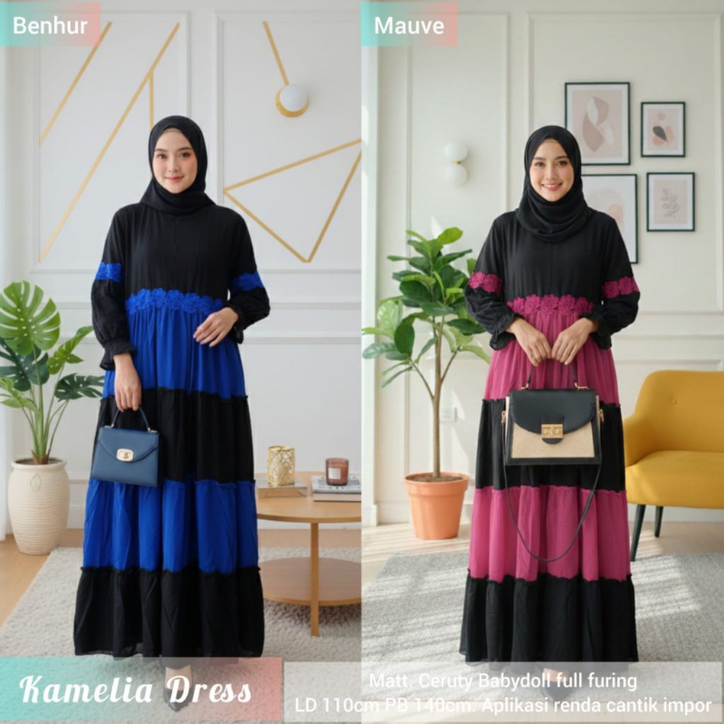 Kamelia Dress Ceruty Babydoll Ceruti Babydol Warna Rainbow Pelangi Renda cantik Baju Gamis Wanita Mu
