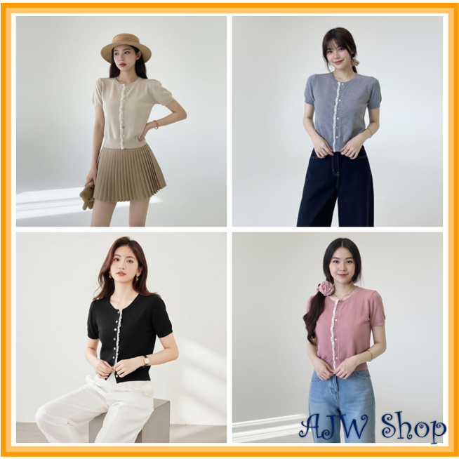 Atasan Wanita Crop Rajut Lengan Pendek Variasi Renda Samping Kancing