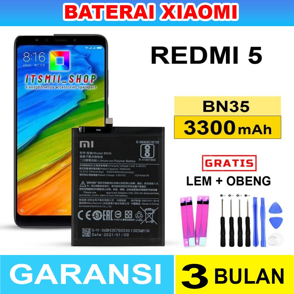 BATERAI BATRE XIAOMI REDMI 5 / BN35 ORIGINAL ((FREE OBENG+LEM))