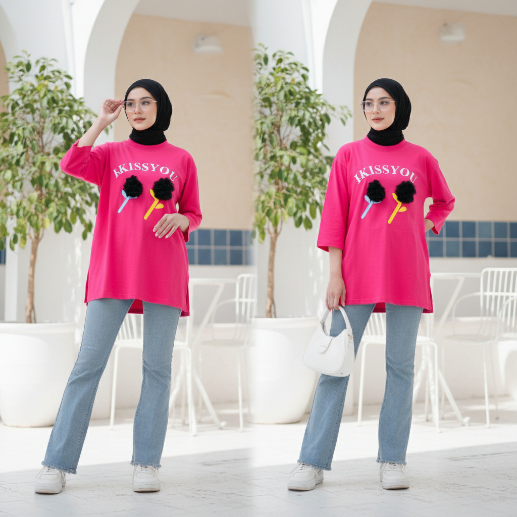 ikiss kaos couple oversize ibu dan anak Lengan 7/8 viral korea looks warna Fuchia / Pink Fanta