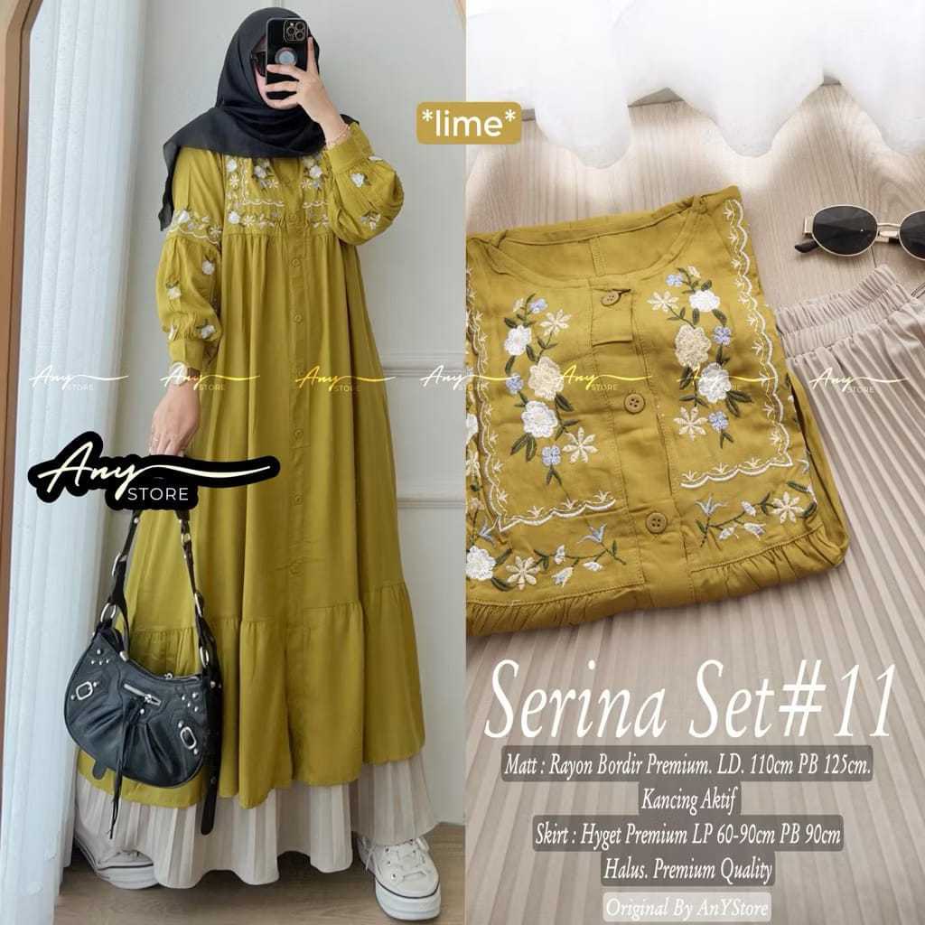 Siera Set Setelan Tunik Linen Premium Rok Plisket Hyget Wanita Import Bordir Kuda Sage Green Kekinia
