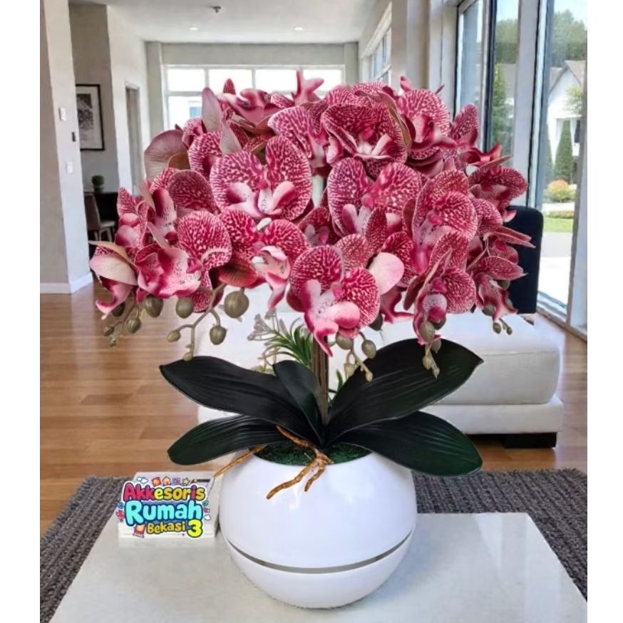 RANGKAIAN BUNGA ANGGREK LATEX ARTIFICIAL 5 TANGKAI DENGAN POT BOLA