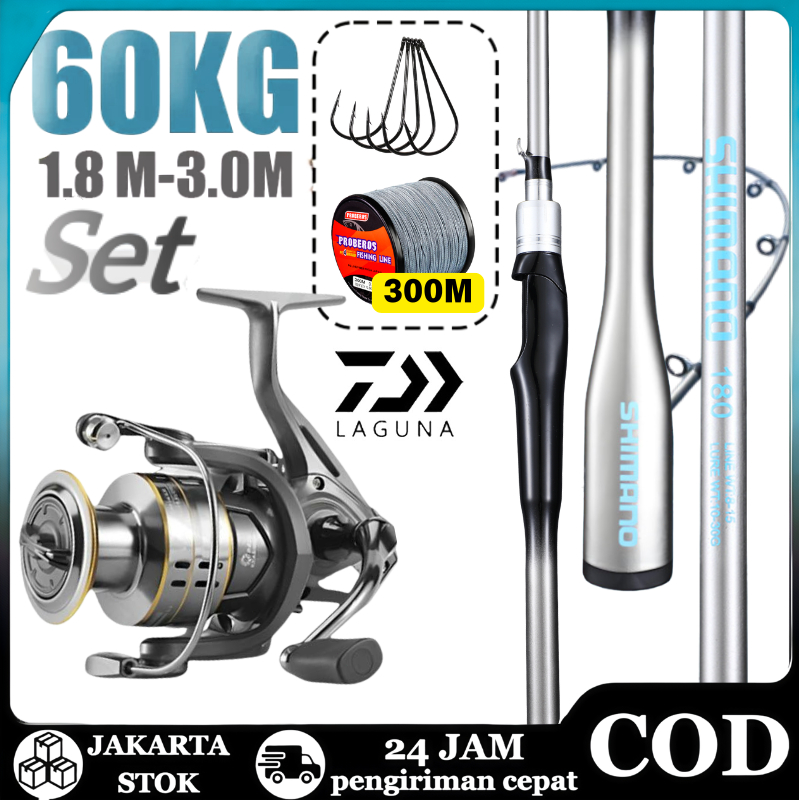 Paket Joran Pancing M Power Perak Baru + Spinning Reel Saltwater 5.2:1 High Speed Max Drag 50Kg Anti