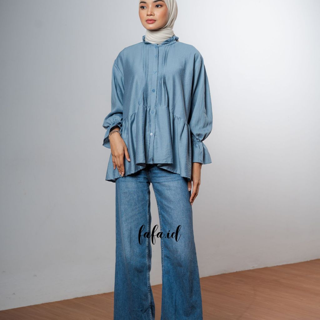 FAFA- Blouse Peplum Wanita Lengan Balon Ayara | Atasan Rempel Lipit depan Bahan Polo Linen