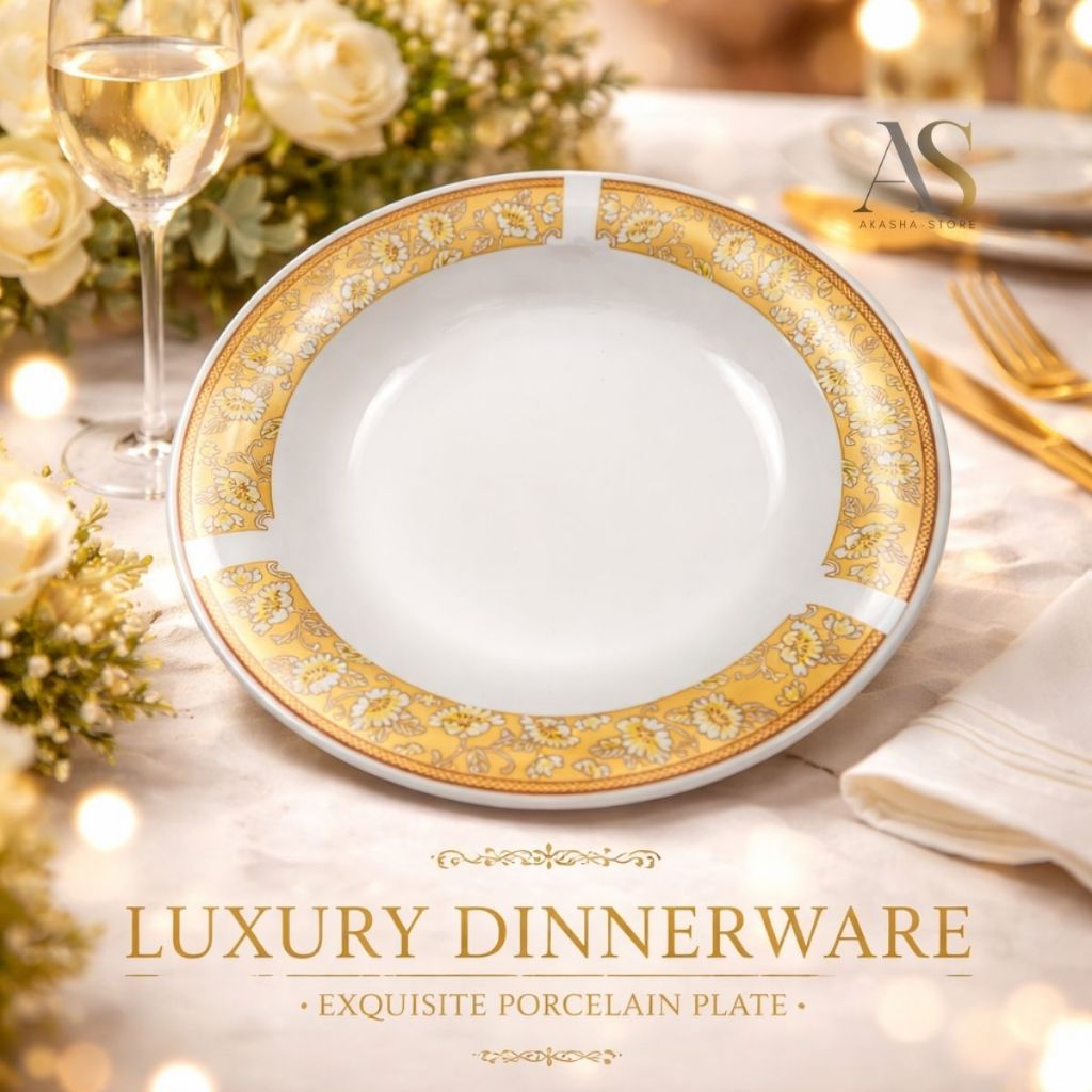 Piring Keramik 1 Lusin 12 pcs Aesthetic Murah Bunga Gold Packing Kayu