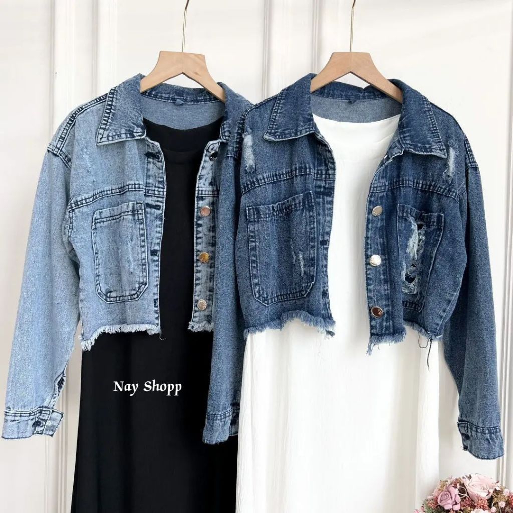 Jaket Crop Jeans Wanita Jaket Wanita Motif Kantong Sobek Jaket Jeans Wanita Bawah Rawis OOTD Atasan 